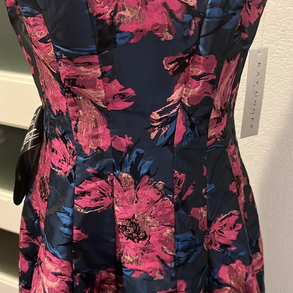 Kay Unger Navy Floral Midi Dress with Pink Floral Print - Picture 3 of 10